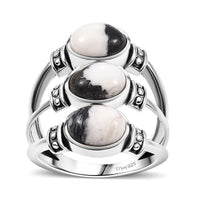 Doorbuster Artisan Crafted White Buffalo 3 Stone Ring in Sterling Silver (Size 10.0) 3.60 ctw
