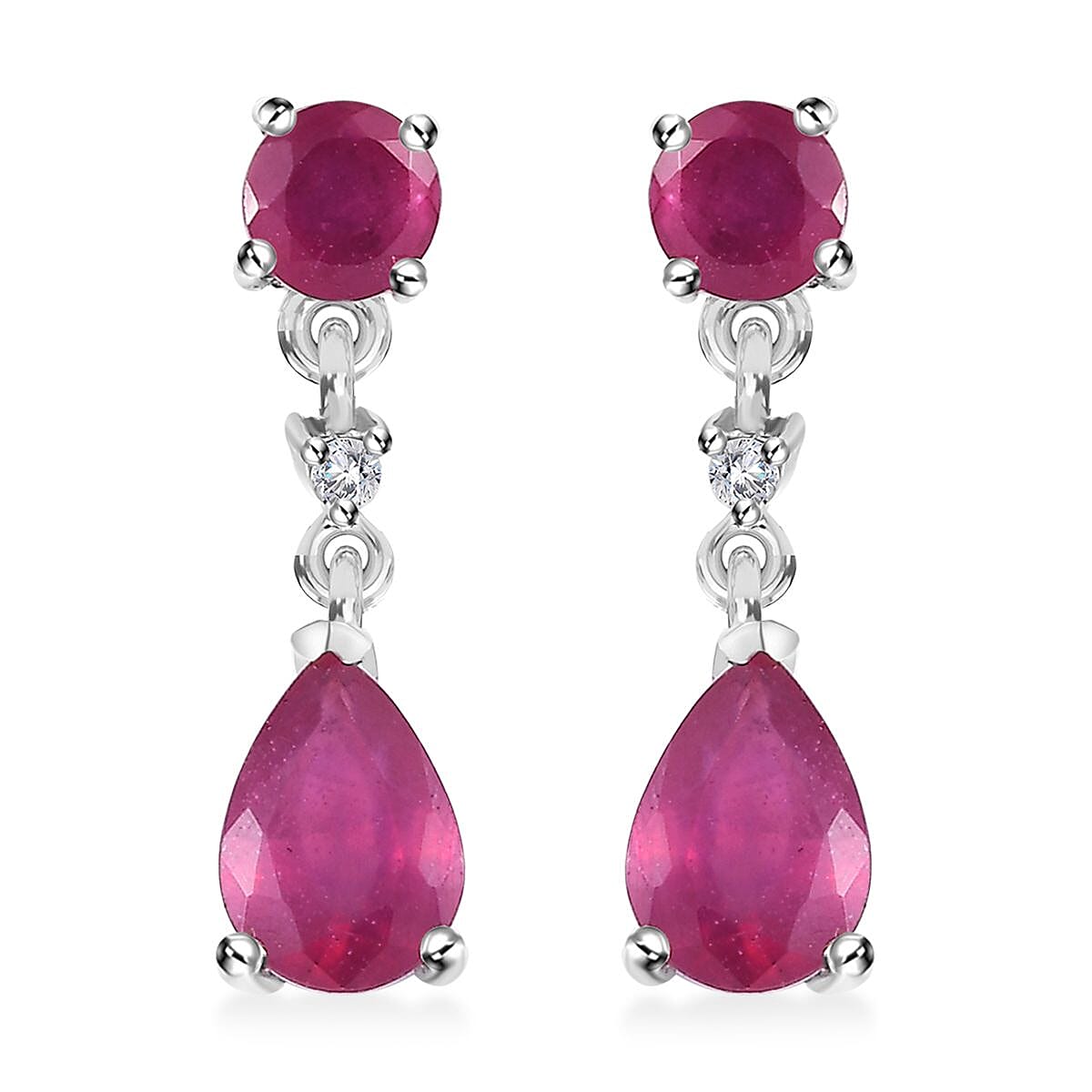 Niassa Ruby (FF) and White Zircon 2.70 ctw Drop Earrings in Rhodium Over Sterling Silver