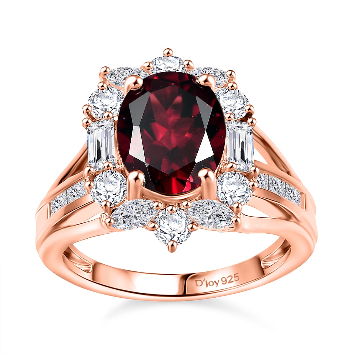 Doorbuster Orissa Rhodolite Garnet, Moissanite Ring in 18K Vermeil RG Over Sterling Silver (Size 7.0) 4.60 ctw