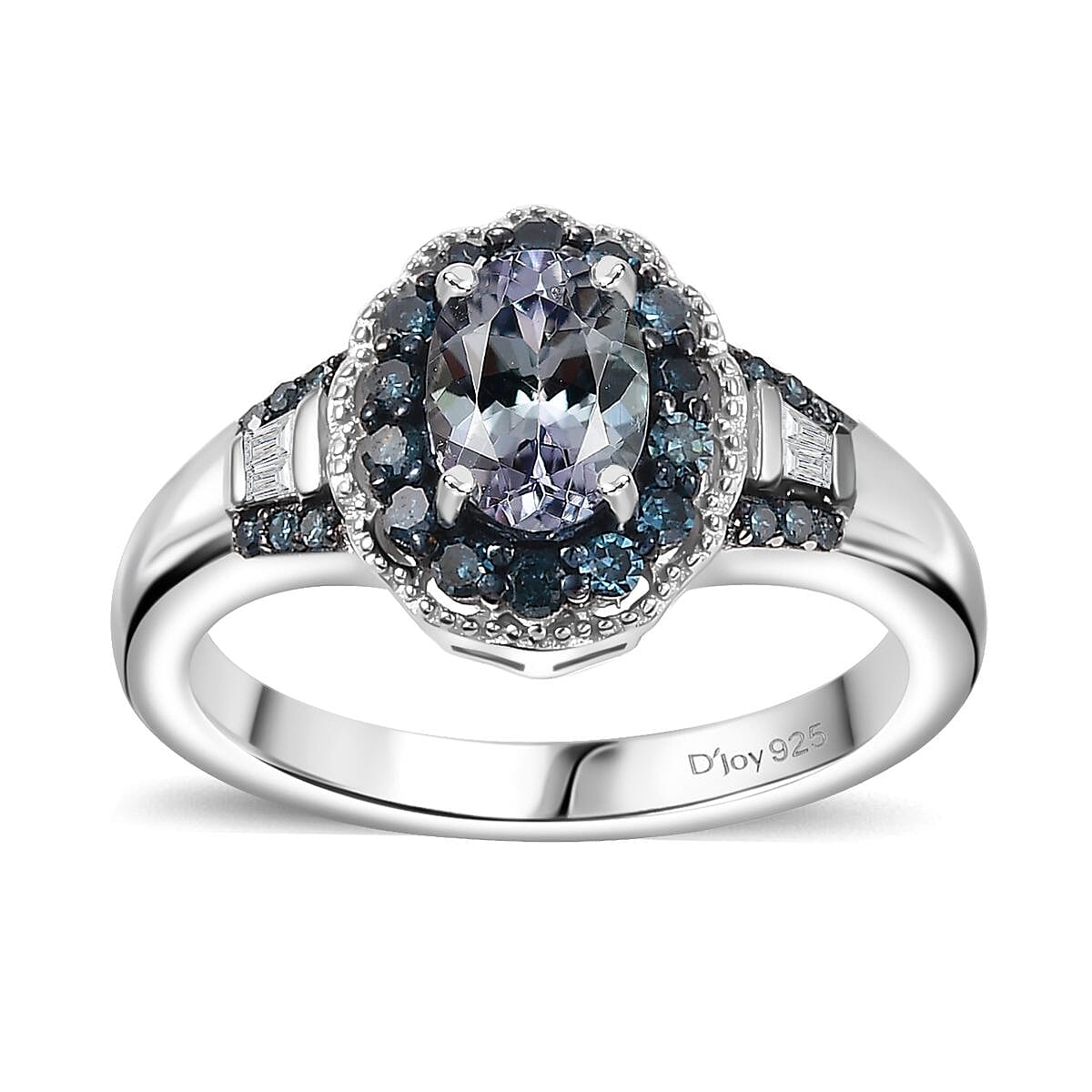 TLV Peacock Tanzanite, Blue Diamond (IR), White Diamond (0.30 cts) Ring in Rhodium Over Sterling Silver (Size 10.0) 1.15 ctw
