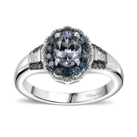 TLV Peacock Tanzanite, Blue Diamond (IR), White Diamond (0.30 cts) Ring in Rhodium Over Sterling Silver (Size 10.0) 1.15 ctw
