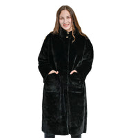 TAMSY Black Suede and Polyester Faux Fur Long Coat - L (L43"xW48")