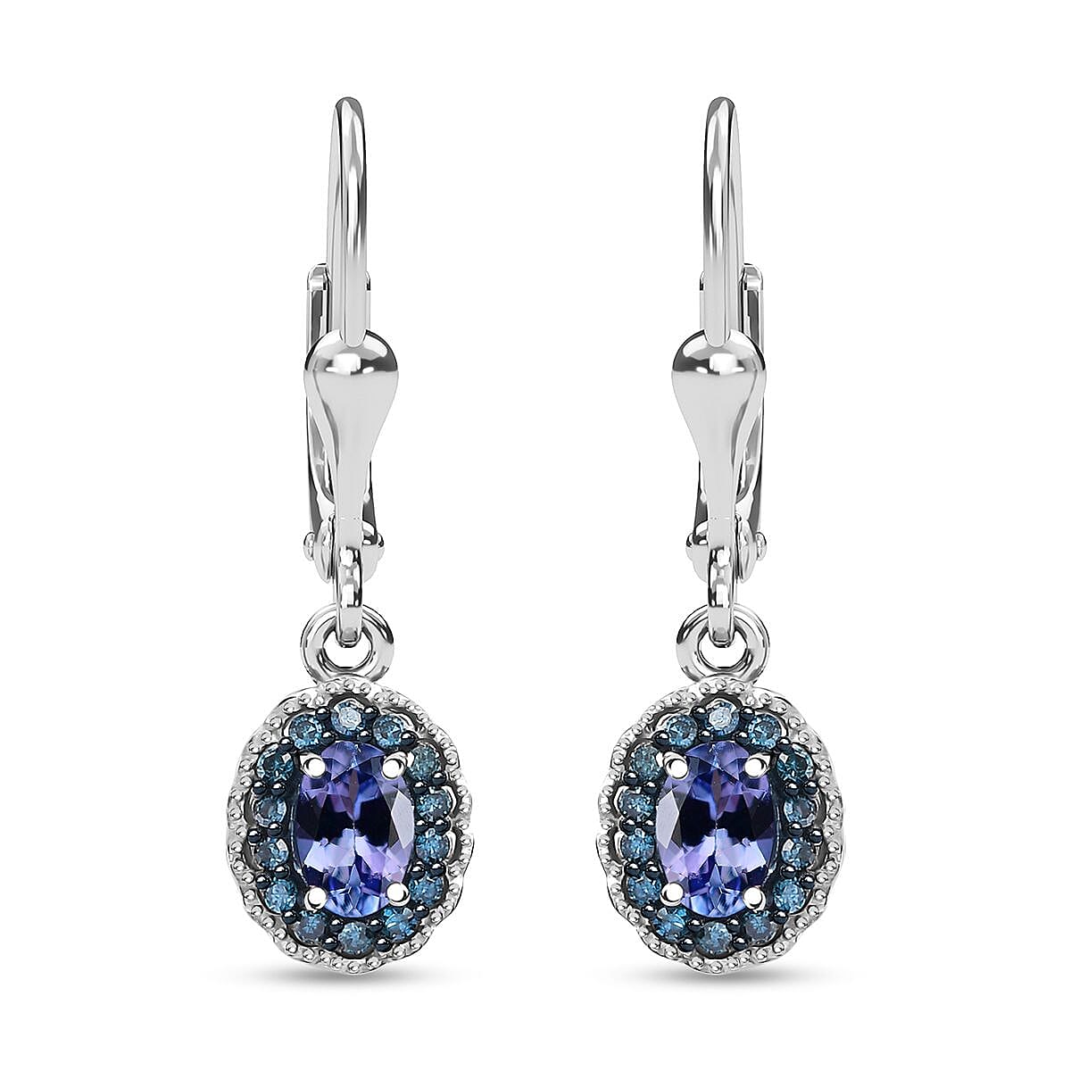 TLV Peacock Tanzanite, Blue Diamond (IR) (0.28 cts) Earrings in Rhodium Over Sterling Silver 1.15 ctw