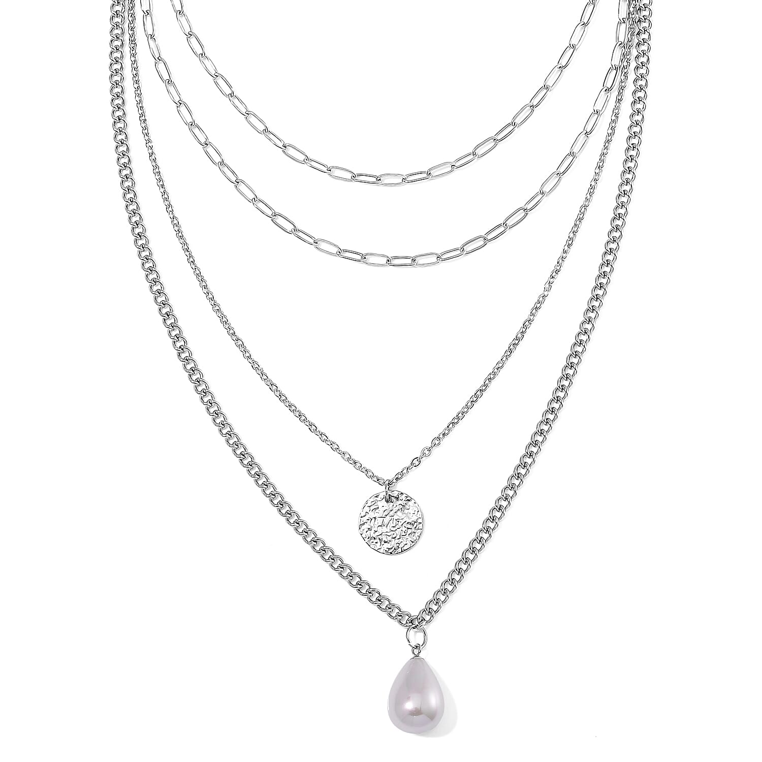 White Shell Pearl 4 Layer Necklace in Stainless Steel 24-26 Inches