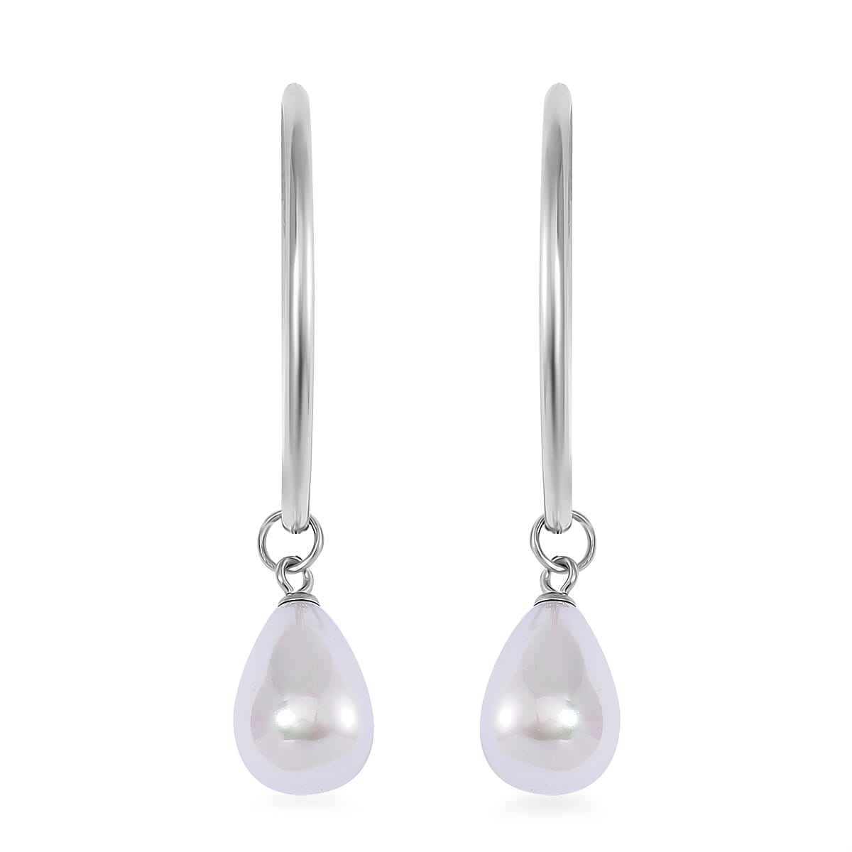 White Shell Pearl Tear Drop Hoop Earrings in Stainless Steel