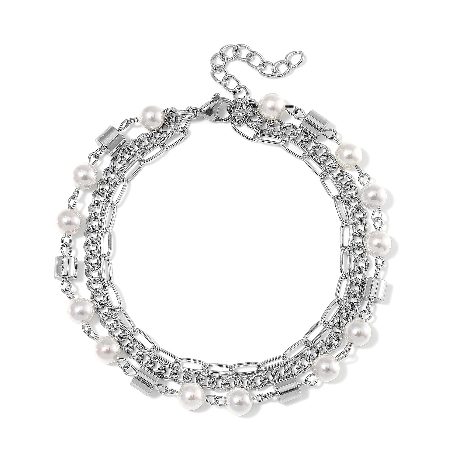 White Shell Pearl 3 Row Bracelet in Stainless Steel (7.5-9.0In)