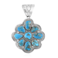 ONE OF A KIND Santa Fe Style Kingman Turquoise Floral Pendant in Sterling Silver (Made in USA) 162.00 ctw