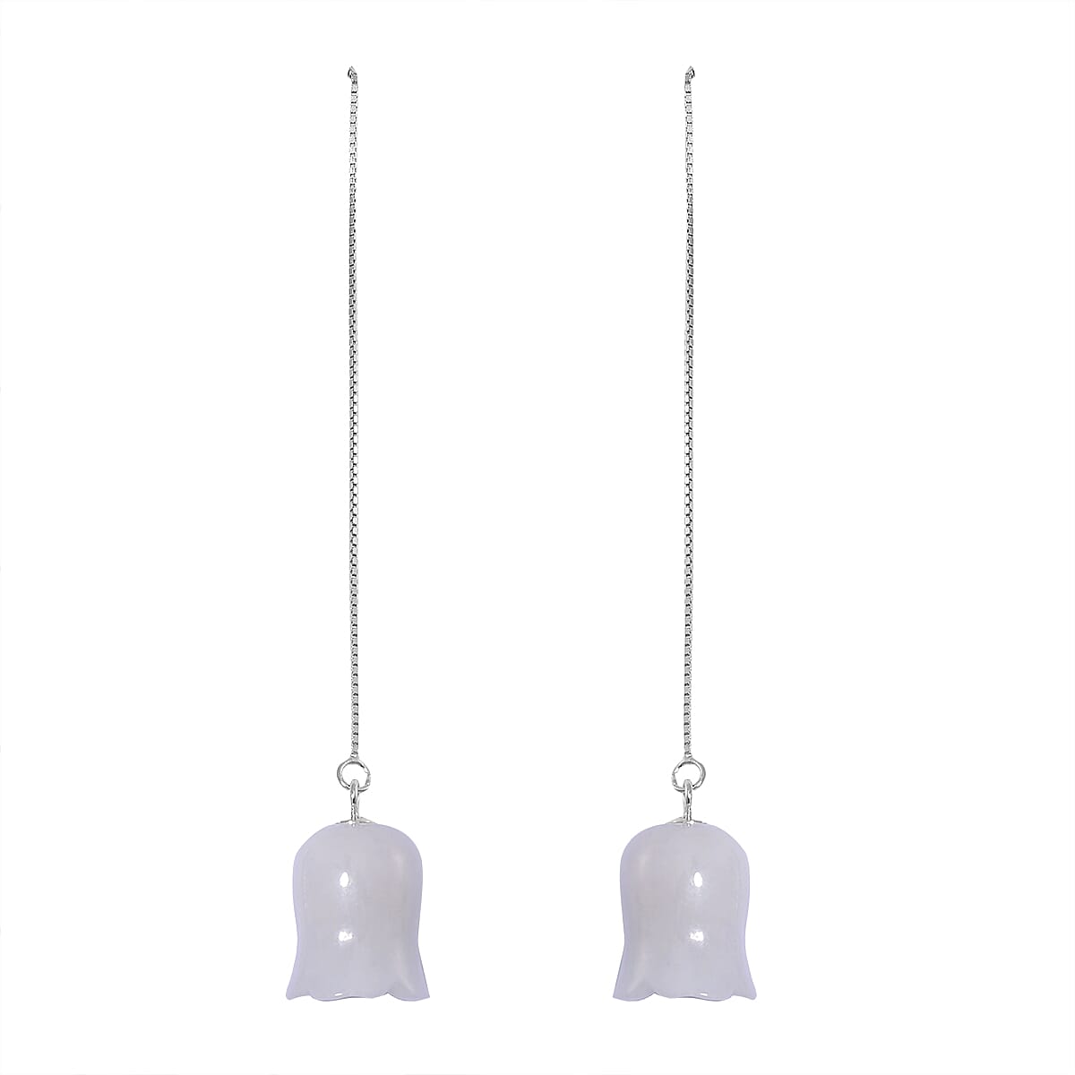 Natural Jade 25.00 ctw Carved Flower Drop Earrings in Rhodium Over Sterling Silver