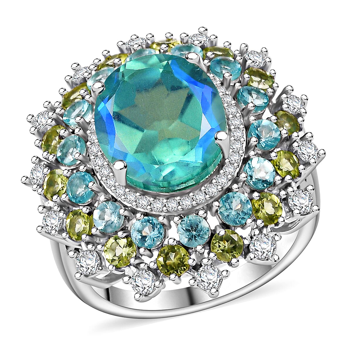 Premium Peacock Quartz, Multi Gemstone Cocktail Ring in Rhodium Over Sterling Silver (Size 10.0) 8.50 ctw