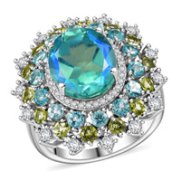 Premium Peacock Quartz, Multi Gemstone Cocktail Ring in Rhodium Over Sterling Silver (Size 10.0) 8.50 ctw