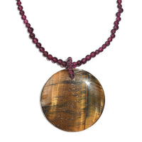 Tigers Eye Pendant and Rhodolite Garnet 95.00 ctw Beaded Necklace in Stainless Steel 20 Inches