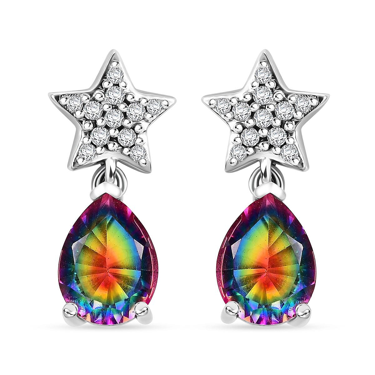 D'Joy Nebula Quartz Doublet and White Zircon 2.85 ctw Star Earrings in Rhodium Over Sterling Silver