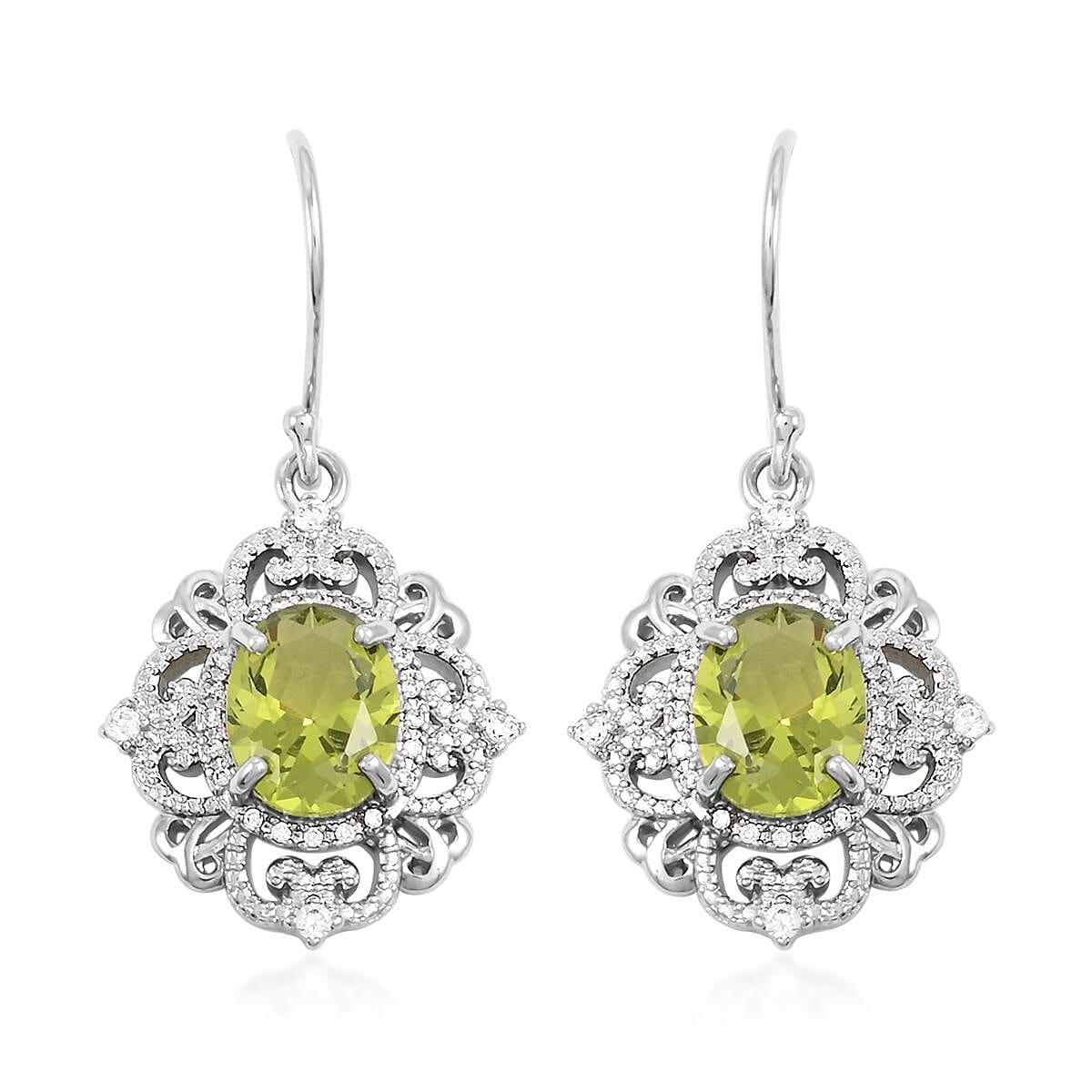 Simulated Peridot and Simulated Diamond 4.40 ctw Earrings in Silvertone