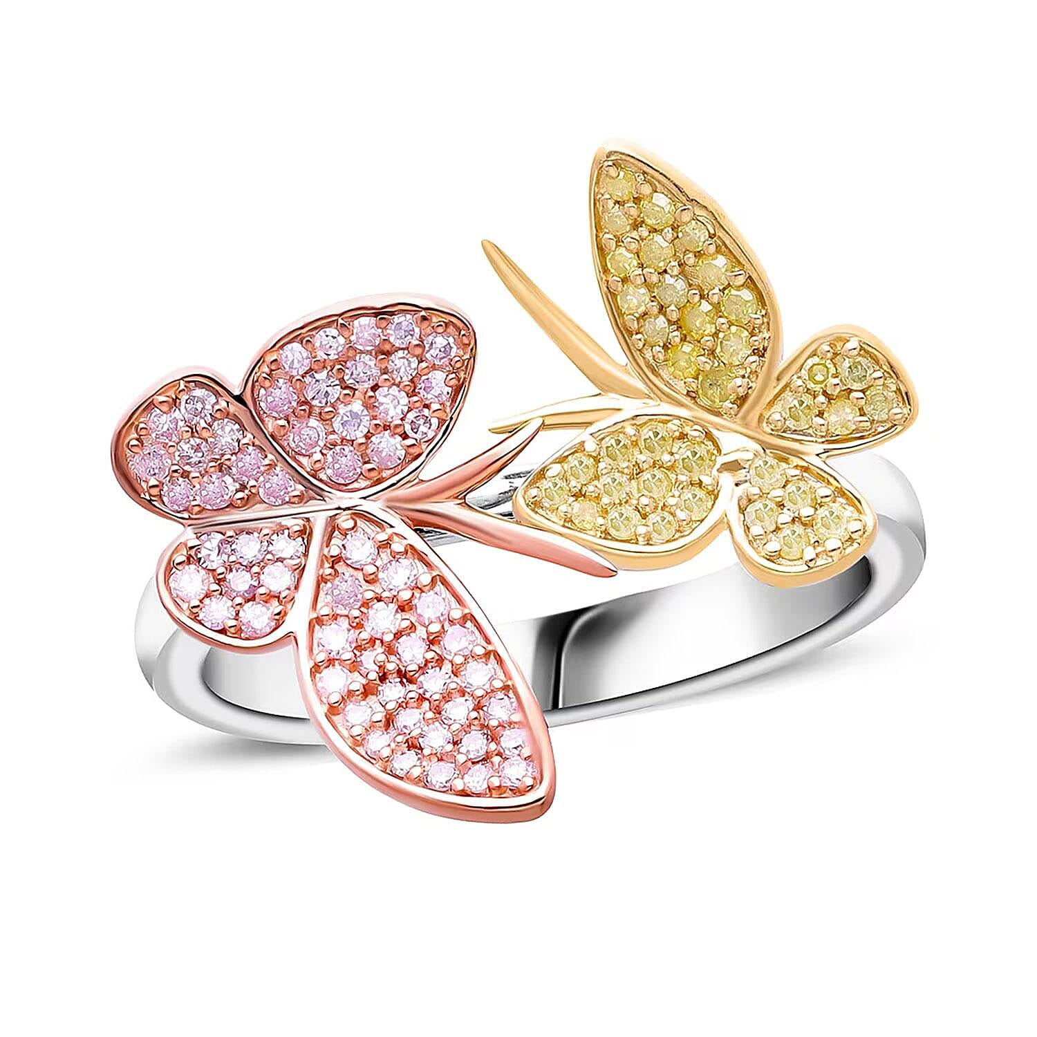 Natural Pink and Yellow Diamond 0.50 ctw Butterfly Ring in Vermeil Yellow Rose Gold and Rhodium Over Sterling Silver