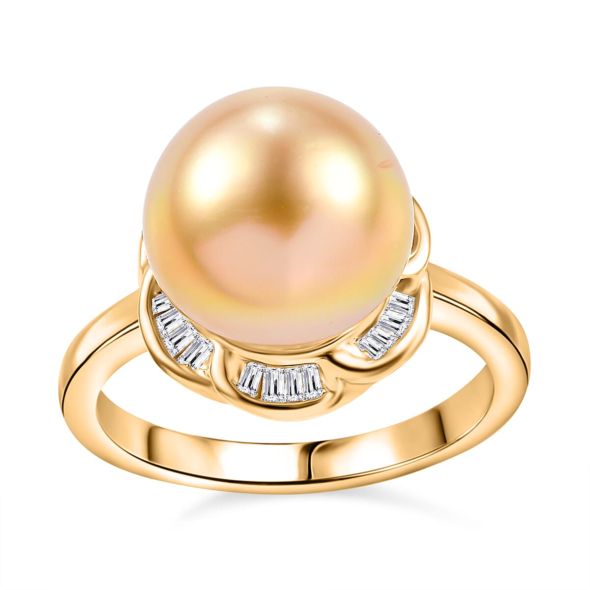 South Sea Golden Cultured Pearl 9-11mm, Diamond Floral Ring in 18K Vermeil YG Over Sterling Silver (Size 10.0) 0.20 ctw