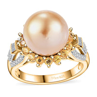 South Sea Golden Cultured Pearl and Multi Gemstone 1.35 ctw Floral Ring in 18K Vermeil Yellow Gold Over Sterling Silver (Size 7.0)