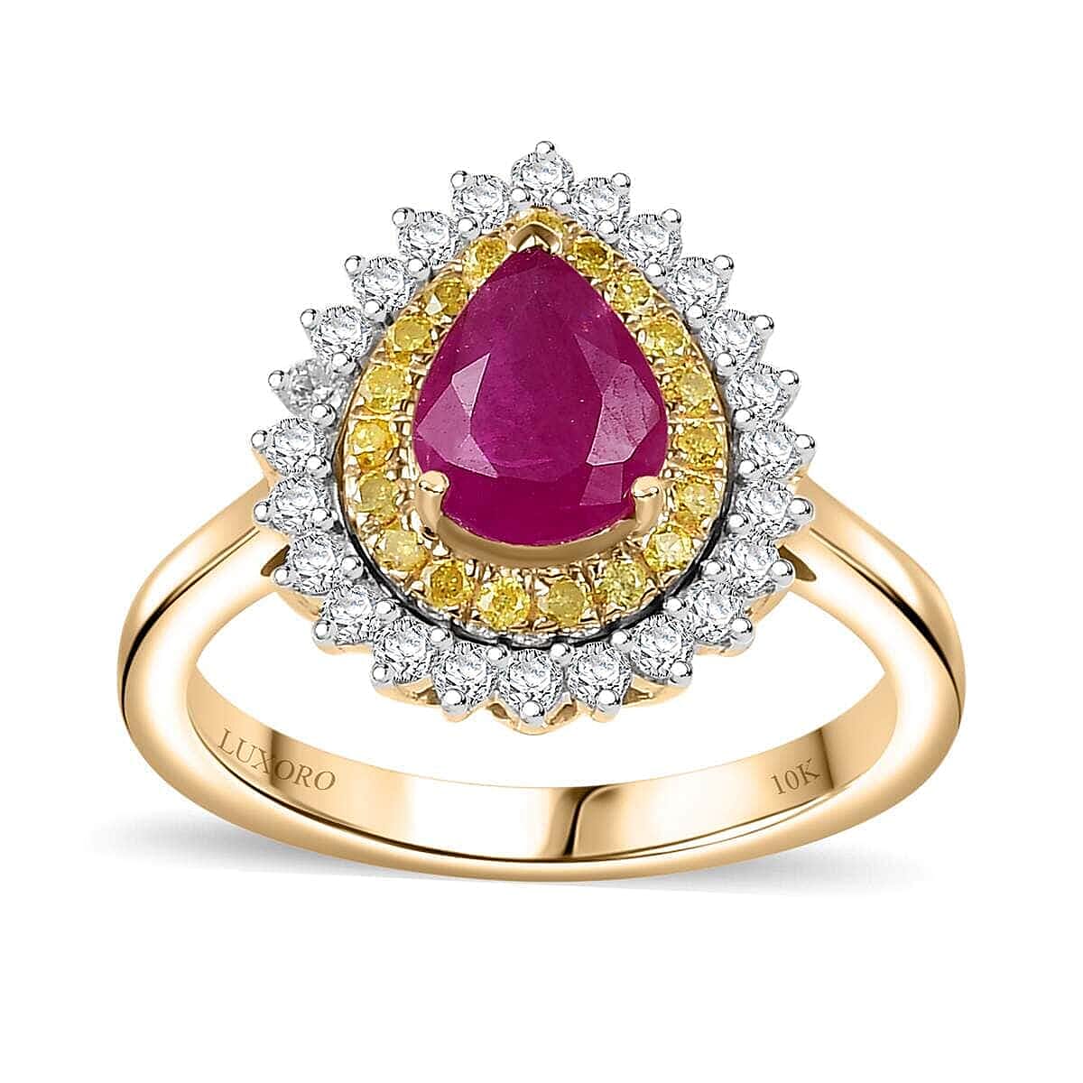Certified & Appraised Luxoro 10K Yellow Gold AAA Royal Ruby, Yellow Diamond, White Diamond (G-H, I2) (0.55 cts) Ring (Size 6.0) (4.00 g) 1.93 ctw