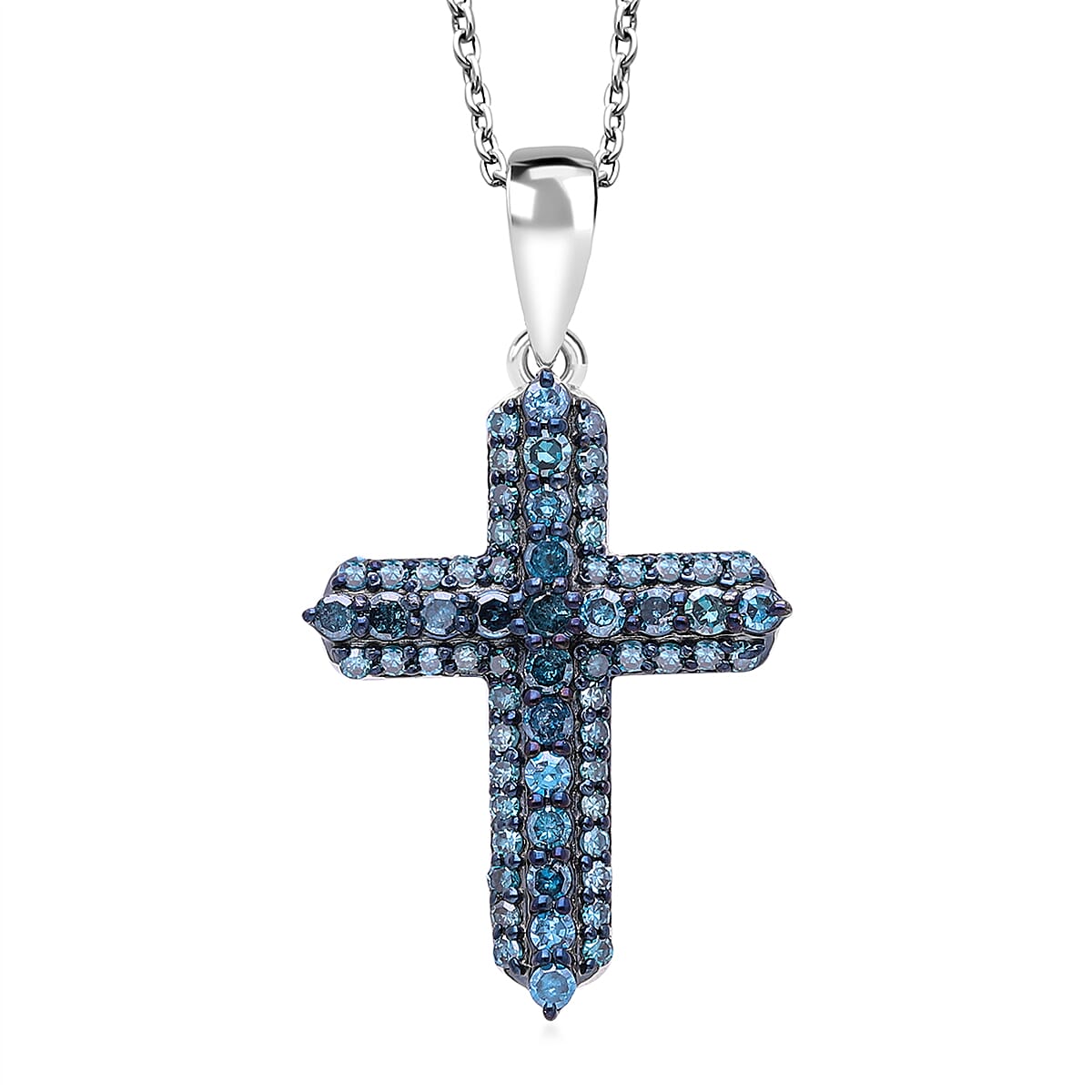 Doorbuster Blue Diamond (IR) Cross Pendant in Platinum Over Sterling Silver 0.50 ctw