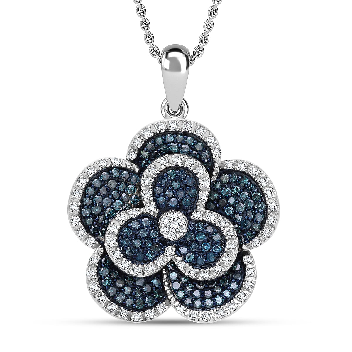 Doorbuster White and Blue Diamond (IR) Floral Pendant in Platinum Over Sterling Silver 1.00 ctw