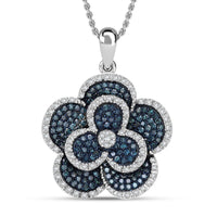 Doorbuster White and Blue Diamond (IR) Floral Pendant in Platinum Over Sterling Silver 1.00 ctw