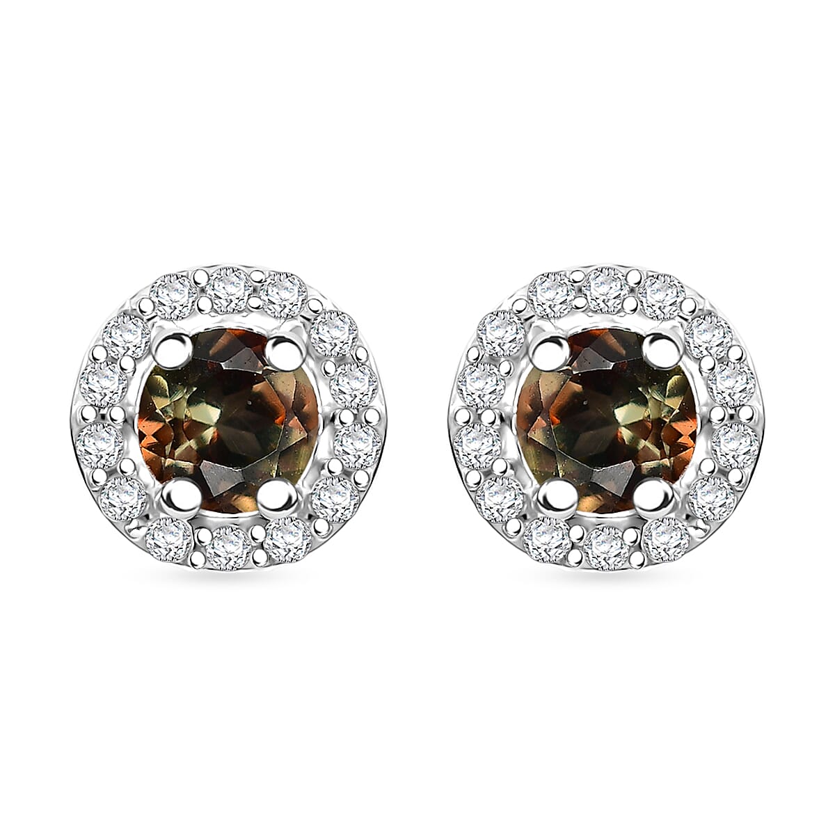 Premium Jenipapo Andalusite and White Zircon 0.85 ctw Halo Earrings in Rhodium Over Sterling Silver