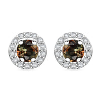 Premium Jenipapo Andalusite and White Zircon 0.85 ctw Halo Earrings in Rhodium Over Sterling Silver