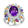 African Amethyst and Multi Gemstone 4.50 ctw Floral Ring in Rhodium Over Sterling Silver - Sticky add to cart bar