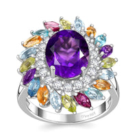 African Amethyst and Multi Gemstone 4.50 ctw Floral Ring in Rhodium Over Sterling Silver