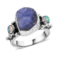 Artisan Crafted Rough Cut Tanzanite, Ethiopian Welo Opal Ring in Sterling Silver (Size 5.0) 4.90 ctw