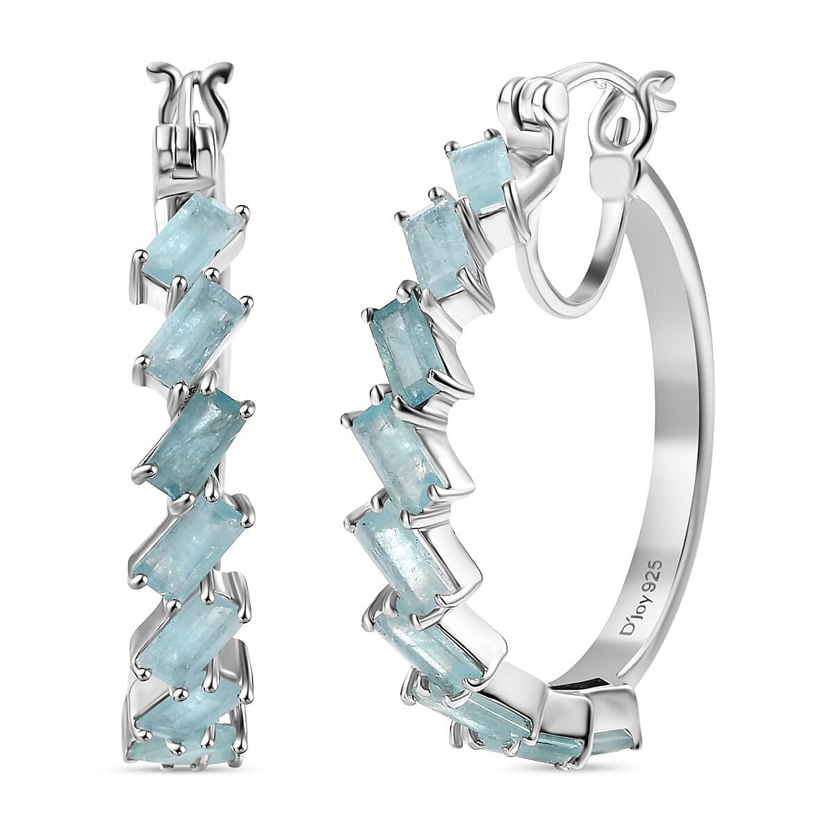 D'Joy Grandidierite 4.30 ctw Hoop Earrings in Rhodium Over Sterling Silver