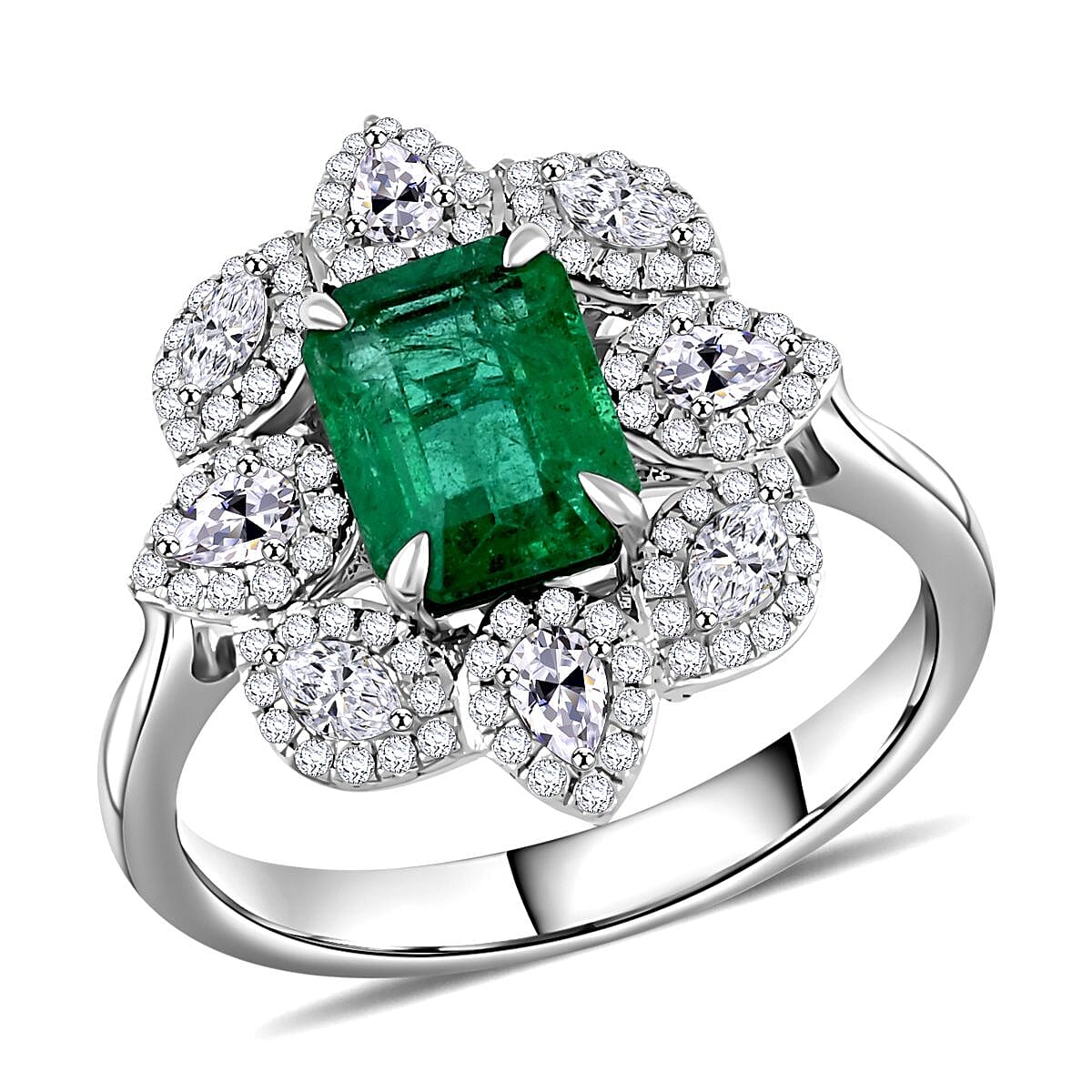 Emerald and G-SI VS White Diamond 2.25 ctw Ring in 18K White Gold (Size 5.0) 4.35 Grams
