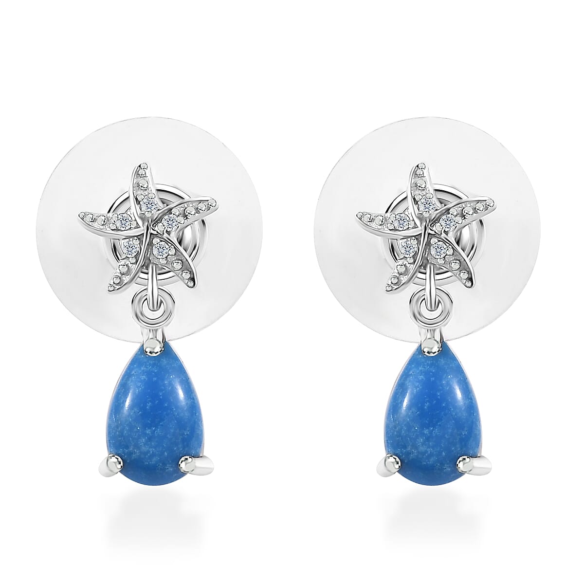 Ceruleite and White Zircon 1.60 ctw Starfish Earrings in Rhodium Over Sterling Silver