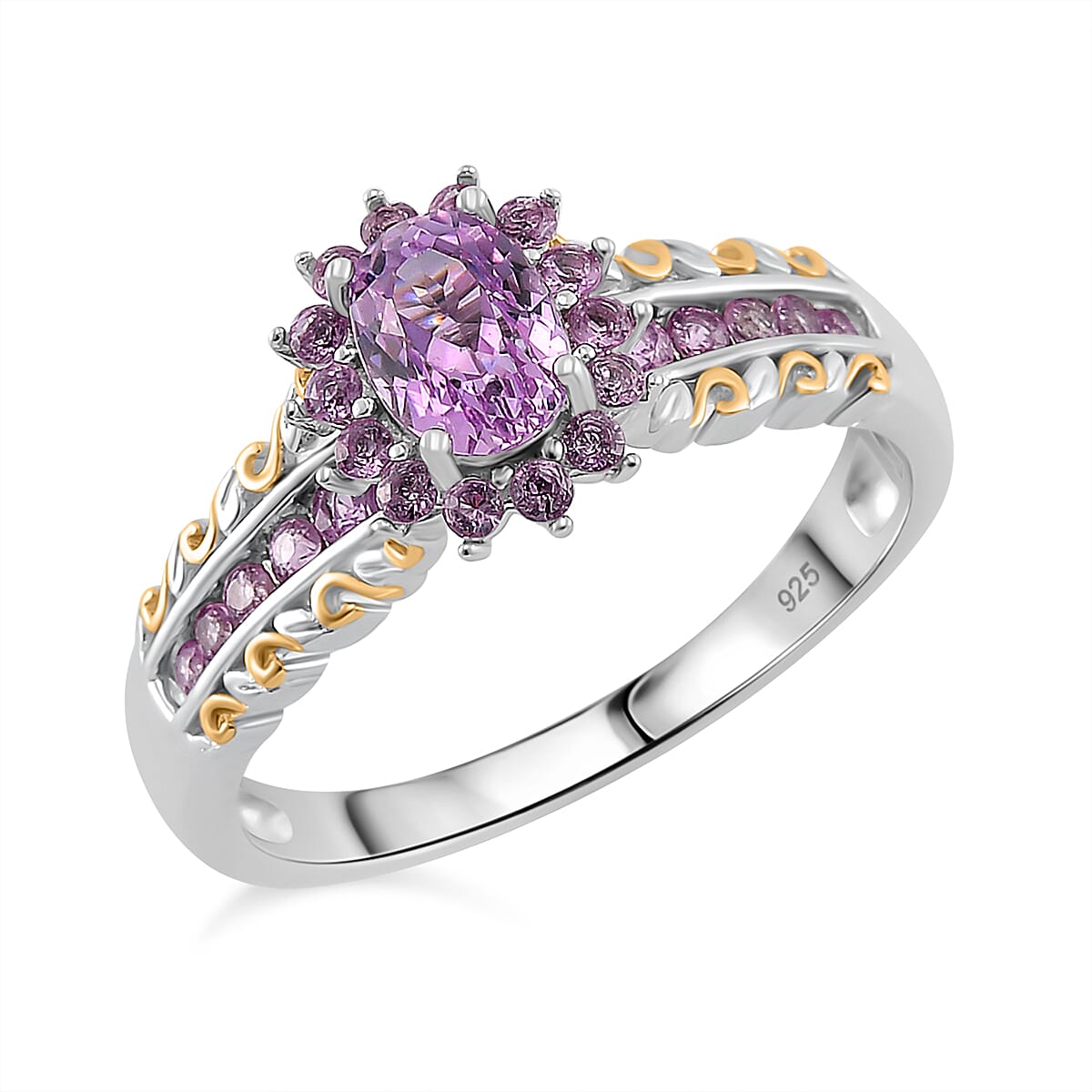 Martha Rocha Kunzite and Madagascar Pink Sapphire 1.65 ctw Ring 18K Vermeil YG and Rhodium Over Sterling Silver (Size 10.0)