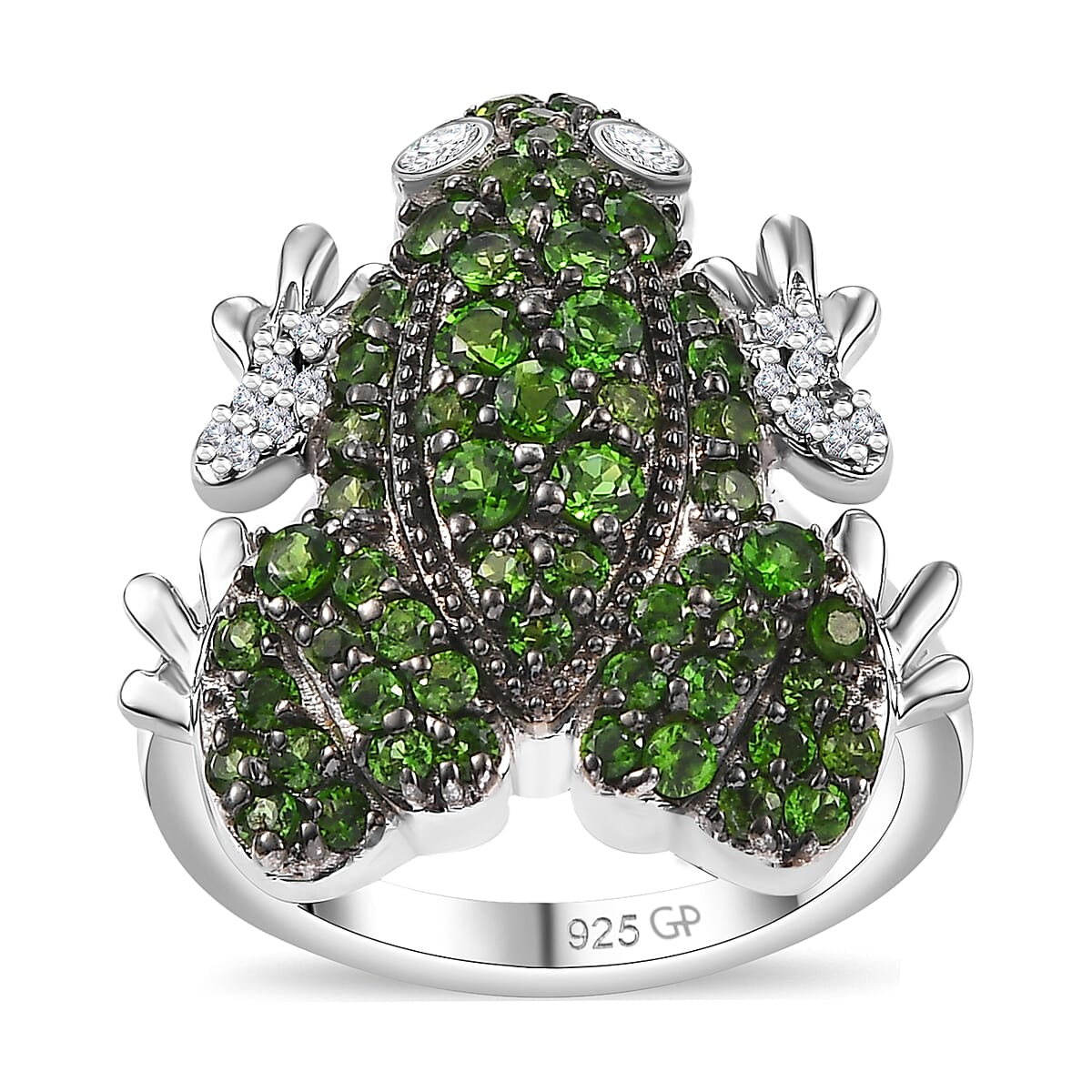 GP Trionfo Collection Chrome Diopside and White Zircon Frog Ring in Rhodium Over Sterling Silver (Size 10.0) 1.70 ctw