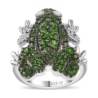 GP Trionfo Collection Chrome Diopside and White Zircon Frog Ring in Rhodium Over Sterling Silver (Size 10.0) 1.70 ctw