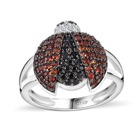 GP Thai Black Spinel and White Zircon 1.00 ctw ladybug Ring in Rhodium Over Sterling Silver