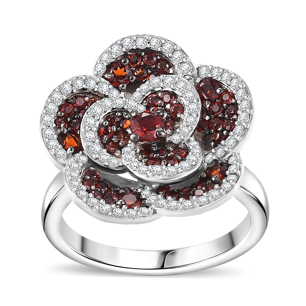 Mozambique Garnet, White Zircon Flower Ring in Platinum Over Sterling Silver (Size 10.0) 1.90 ctw