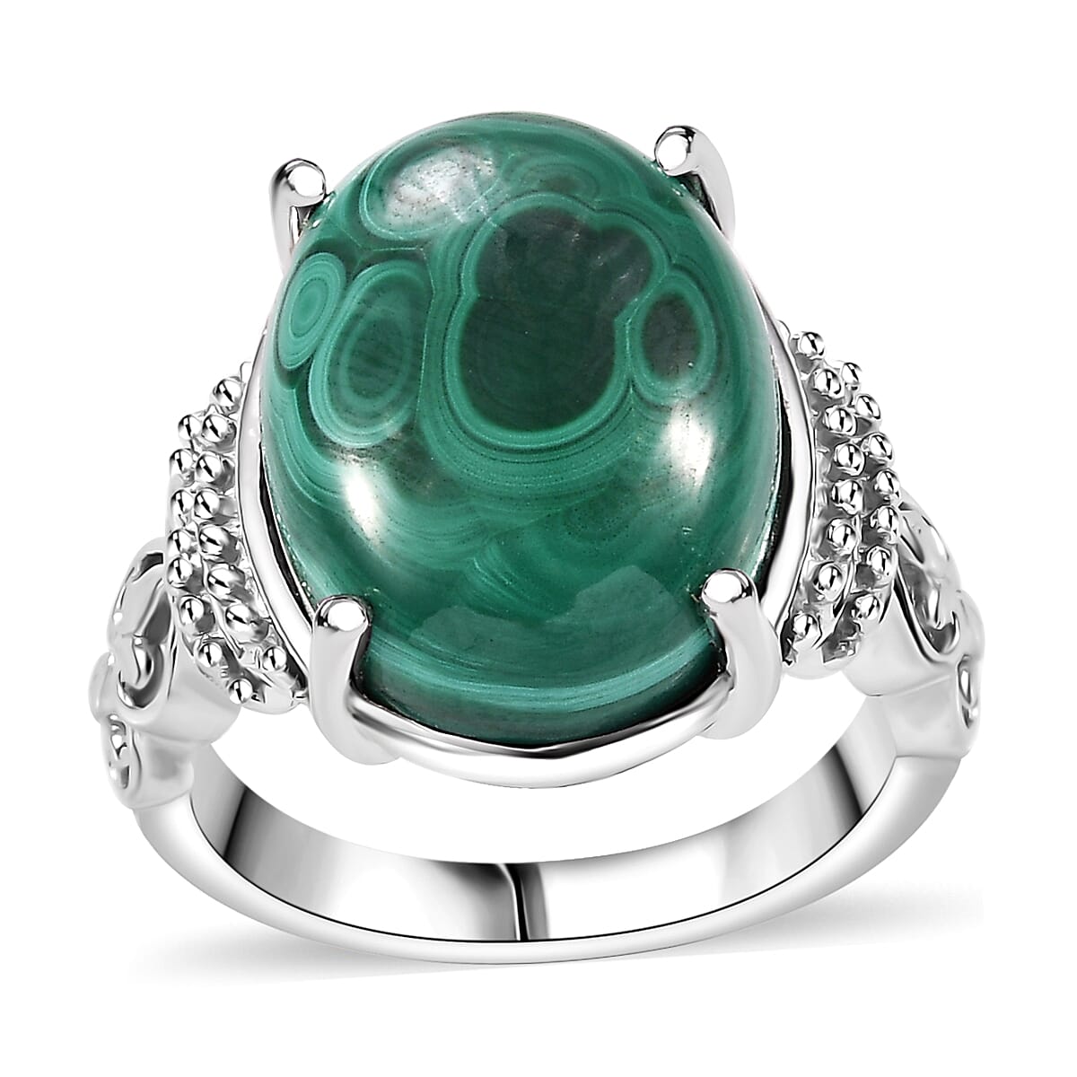 Karis African Malachite Solitaire Ring in Platinum Bond (Size 10.0) 13.25 ctw