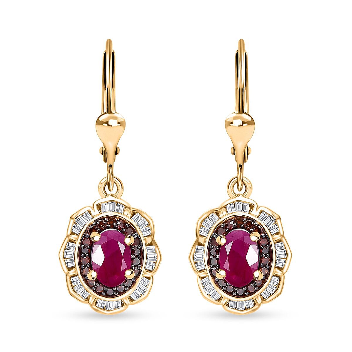 AAA Royal Ruby, Red and White Diamond 2.00 ctw Nelumbo Nucifera Flower Earrings in 18K Vermeil Yellow Gold Over Sterling Silver