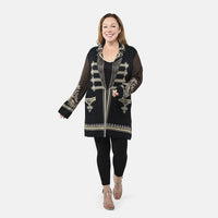 Badgley Mischka Gold Embroidered Baroque Double Knit Jacquard Wool Blend Coat - Black S
