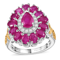 Premium Royal Ruby and White Zircon 4.40 ctw Floret Ring in 18K Vermeil YG and Rhodium Over Sterling Silver (Size 10.0)