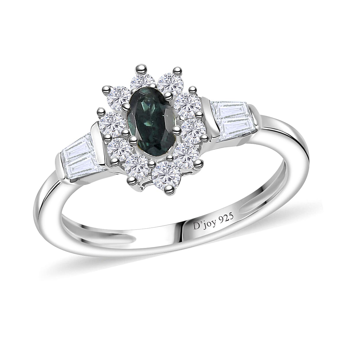 Monte Belo Indicolite, White Zircon Sunburst Ring in Rhodium Over Sterling Silver (Size 10.0) 0.75 ctw