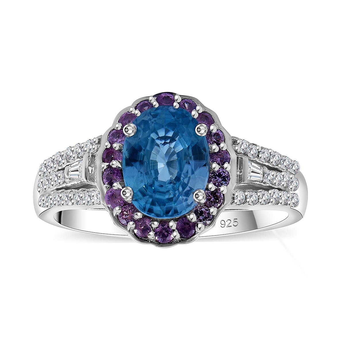 Cambodian Blue Zircon and Multi Gemstone 2.50 ctw Ocean Bloom Ring in rhodium Sterling Silver (Size 7.0)