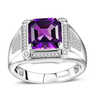 Asscher Cut Premium Moroccan Amethyst and Moissanite 5.40 ctw Men's Ring in Rhodium Over Sterling Silver