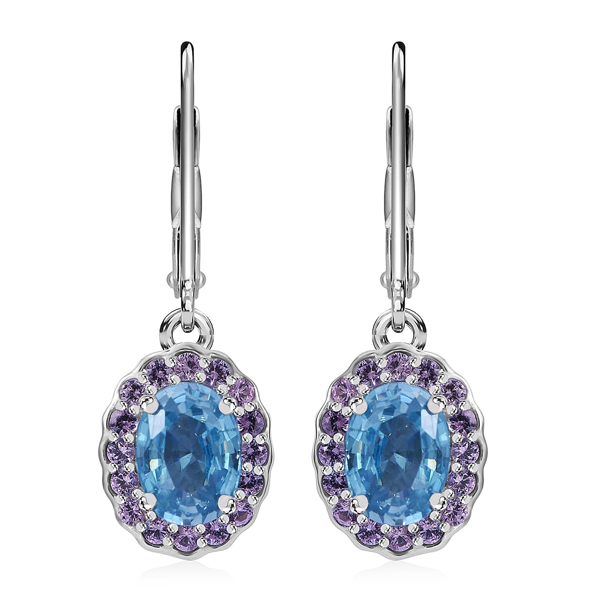 TLV Cambodian Blue Zircon, Madagascar Pink Sapphire Ocean Bloom Earrings in Rhodium Over Sterling Silver 3.00 ctw