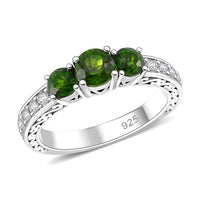 Chrome Diopside and White Zircon 1.65 ctw 3 Stone Ring in Rhodium Over Sterling Silver (Size 10.0)