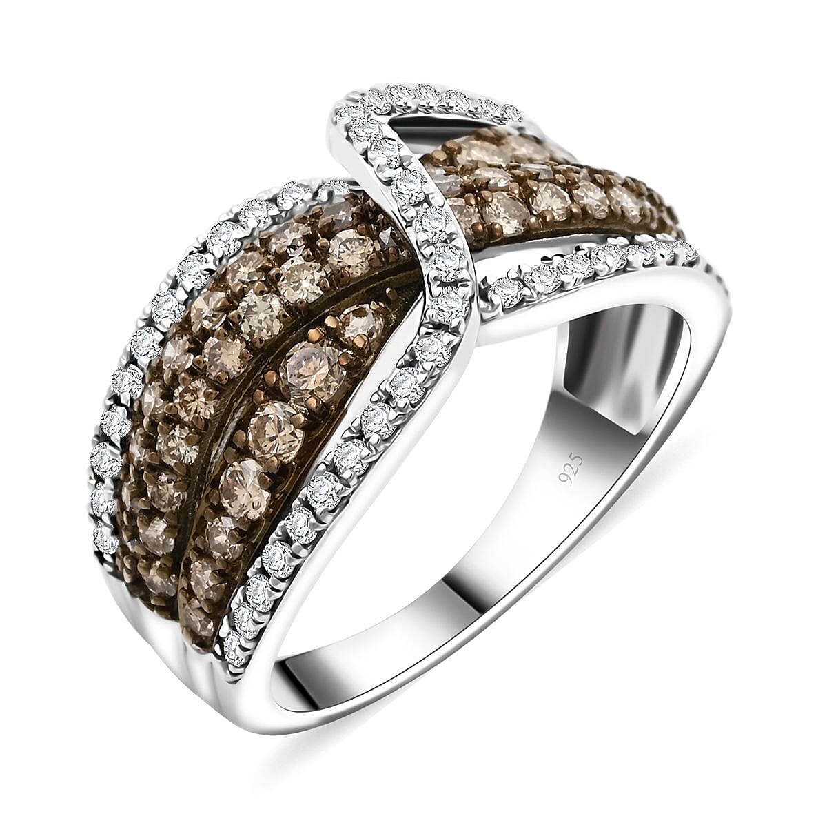 Natural Champagne and White Diamond Ring in Sterling Silver (Del. in 12-15 Days) 1.25 ctw