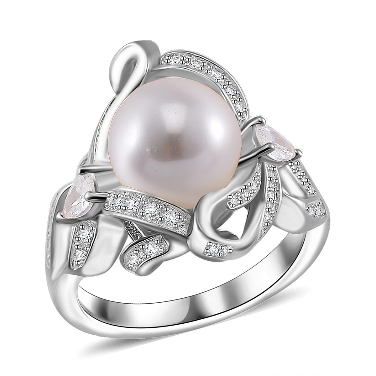 White Shell Pearl, Simulated Diamond Ring in Silvertone (Size 10.0) 1.10 ctw
