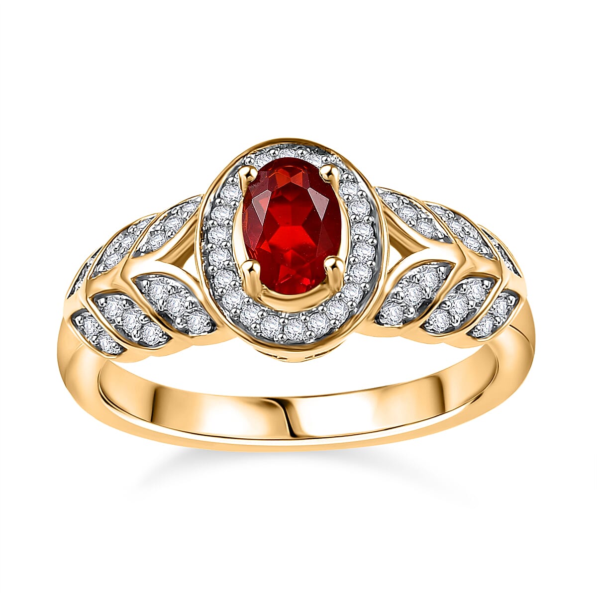 Mexican Cherry Fire Opal and Moissanite 0.55 ctw Ring in 18K Vermeil Yellow Gold Over Sterling Silver