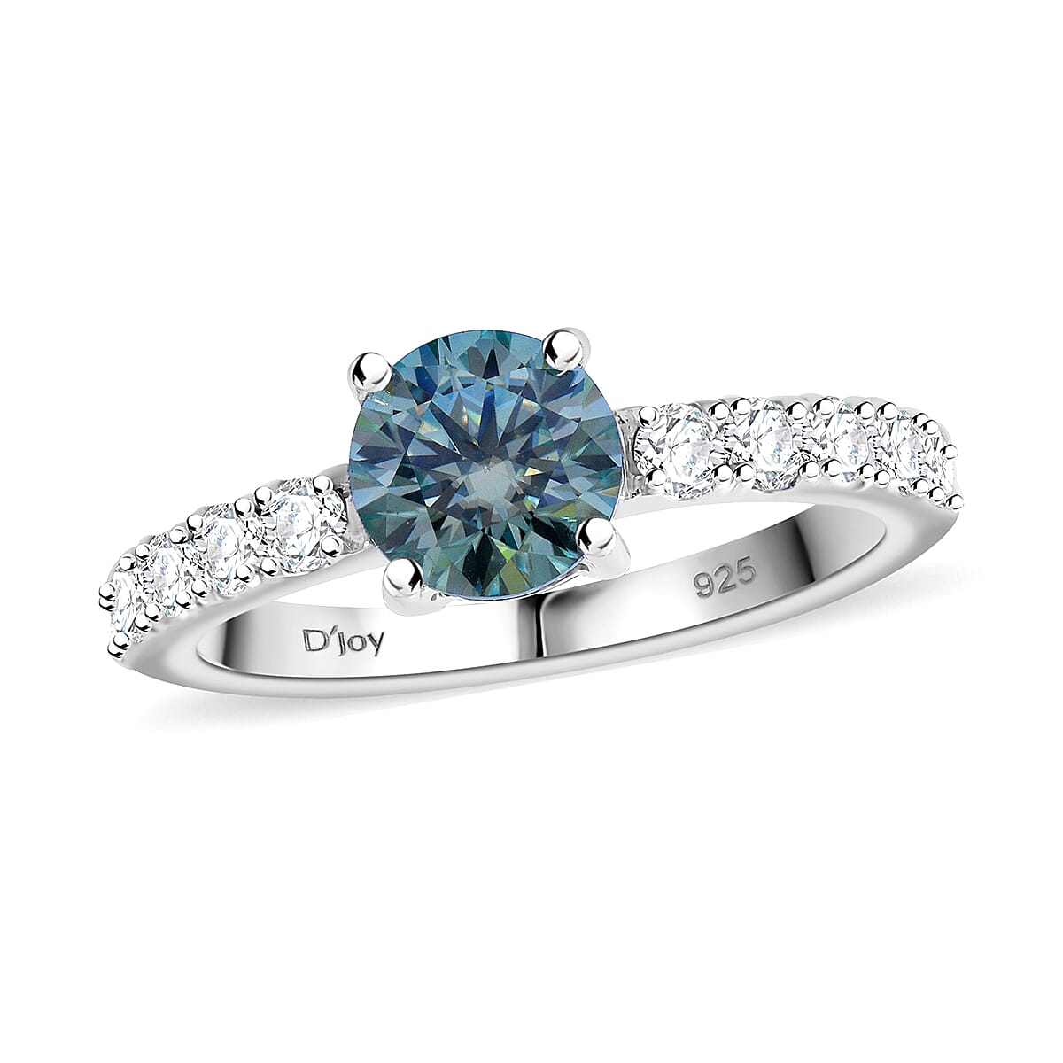 Blue Moissanite (Rnd 6.5mm), Moissanite Ring in Rhodium Over Sterling Silver (Size 10.0) 1.50 ctw